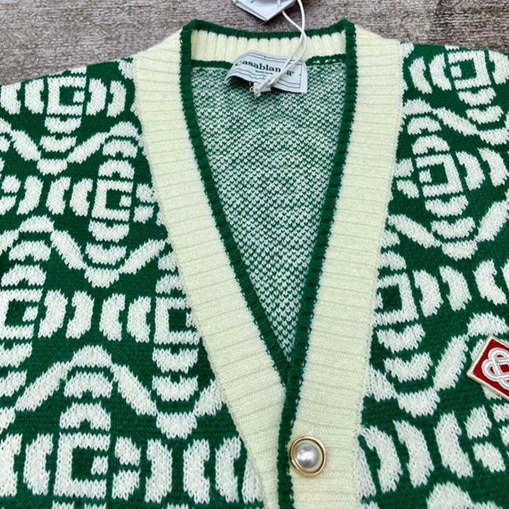 Casablanca Green & Cream Geometric V-Neck Cardigan Sweater - Picture 2 of 9